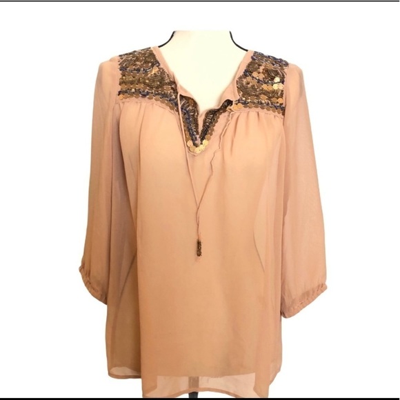 BKE Tops - BKE Boutique Sheer Beaded Blouse